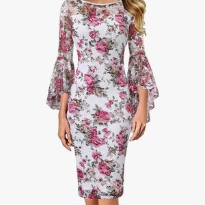 Off White Pink Floral Lace Print Ruffle Lace Bell Sleeve dress